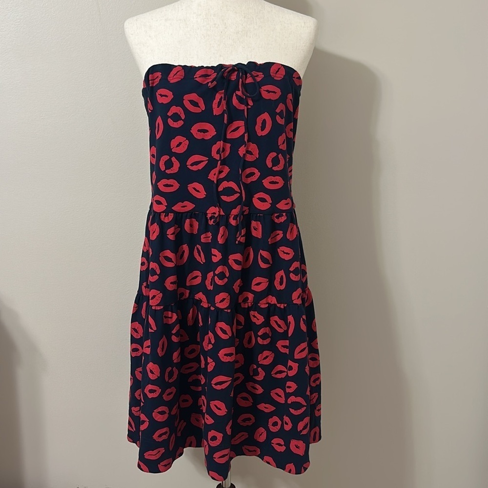 Marc by Marc Jacobs Pucker Up Strapless Dress Lips Print Navy & Red Sz Large NWT
